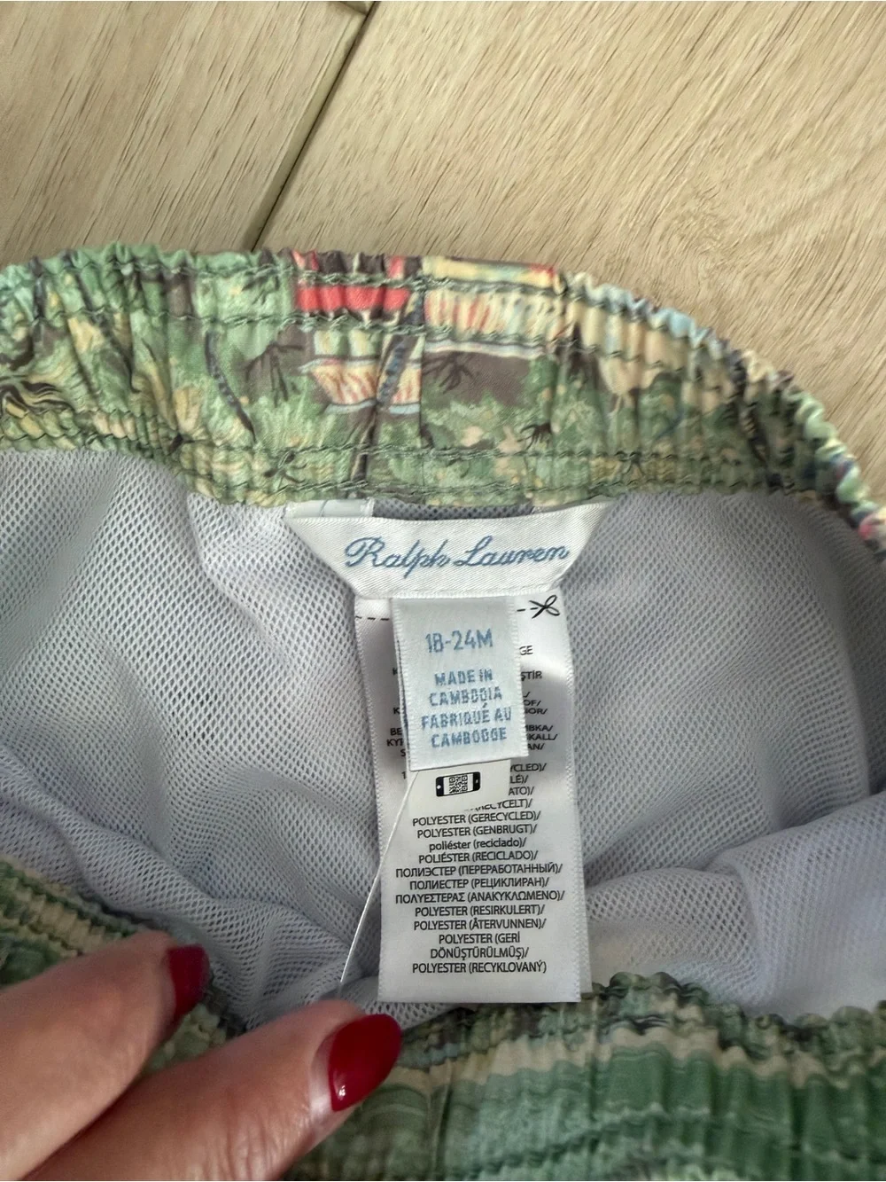 Ralph Lauren Boys Tropical Print Swim Trunks in Mint, Red & Navy